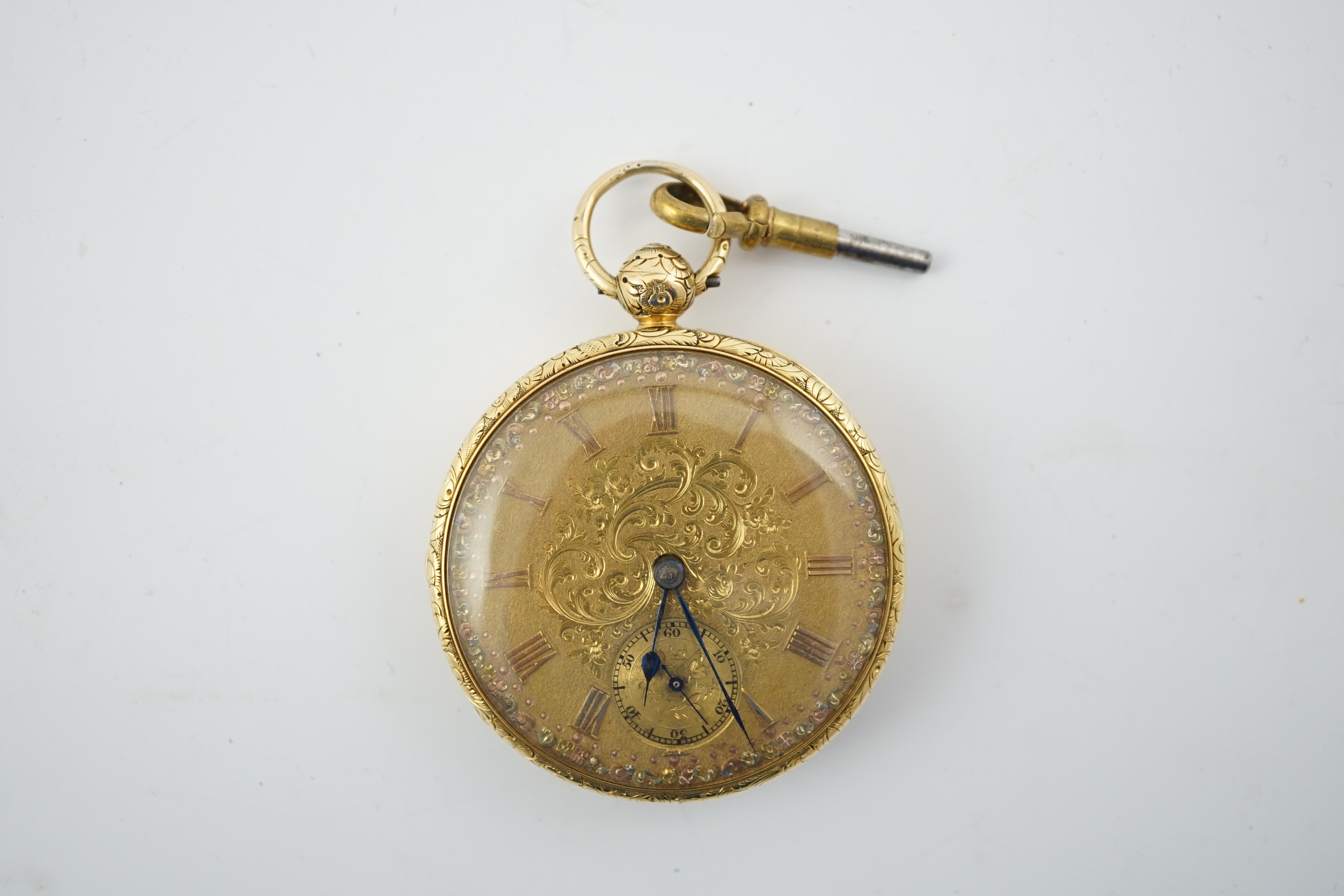 An early Victorian engine turned 18ct gold open face key wind pocket watch, by William Gilbert, Belfast